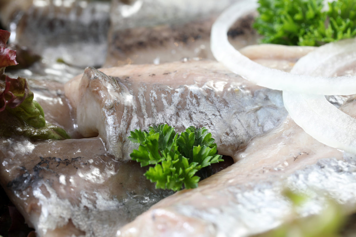 Matjesplatte der Wuppertaler Fischkultur, Nahaufnahme der Matjesfilets mit Petersilie