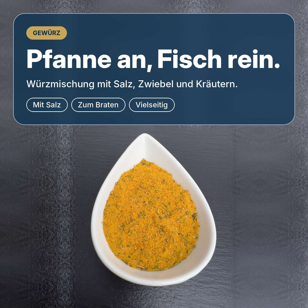 Pfanne an, Fisch rein: Bratfischwürzer mit Salz, Zwiebel, Petersilie und Kräutern für gebratenen Fisch.