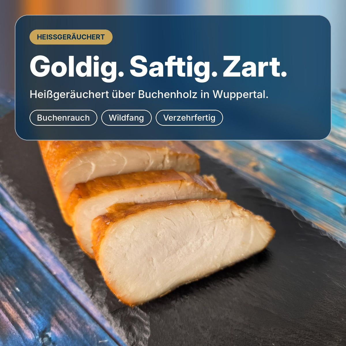 Goldig, saftig, zart: heißgeräucherte Buttermakrele, über Buchenholz geräuchert in Wuppertal, Wildfang, verzehrfertig.