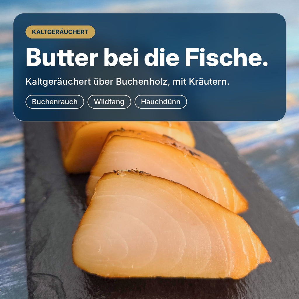 Butter bei die Fische: kaltgeräucherte Buttermakrele mit Kräutern, über Buchenholz geräuchert in Wuppertal, Wildfang.
