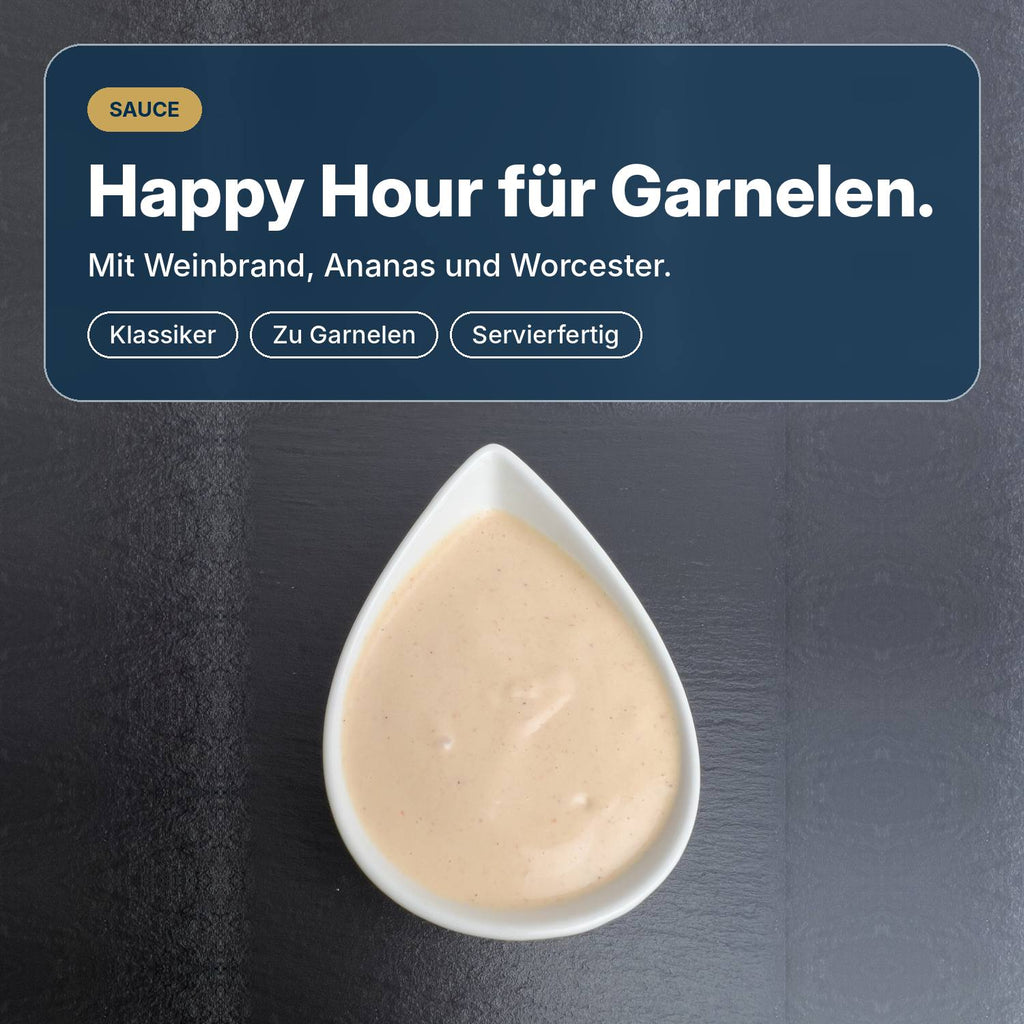 Happy Hour für Garnelen: klassische Cocktailsauce mit Weinbrand, Ananas und Worcestersauce, servierfertig.