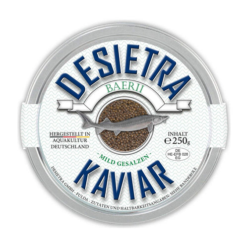 Dose Desietra Baerii Kaviar mit Etikett, Kaviar vom Sibirischen Stör aus Aquakultur in Deutschland