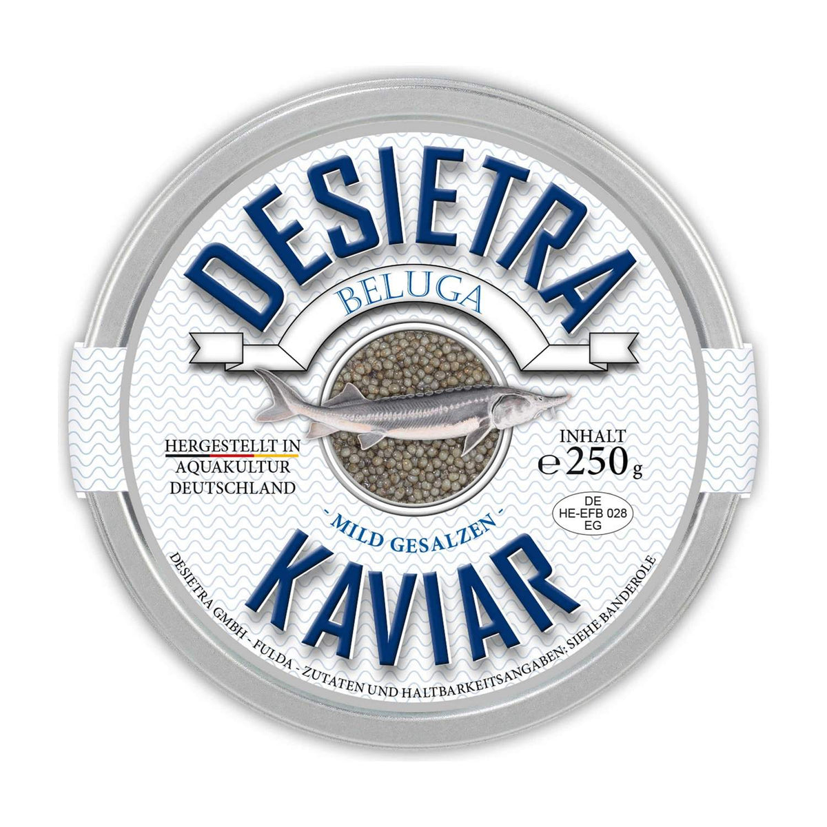 Dose Desietra Beluga Kaviar mit Etikett, Kaviar vom Hausen aus Aquakultur in Deutschland