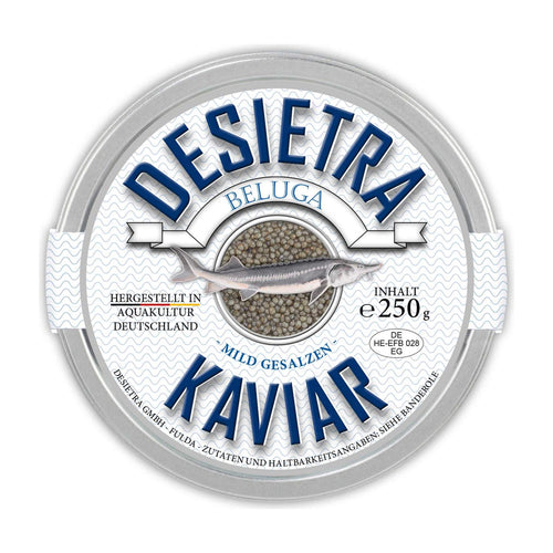 Dose Desietra Beluga Kaviar mit Etikett, Kaviar vom Hausen aus Aquakultur in Deutschland