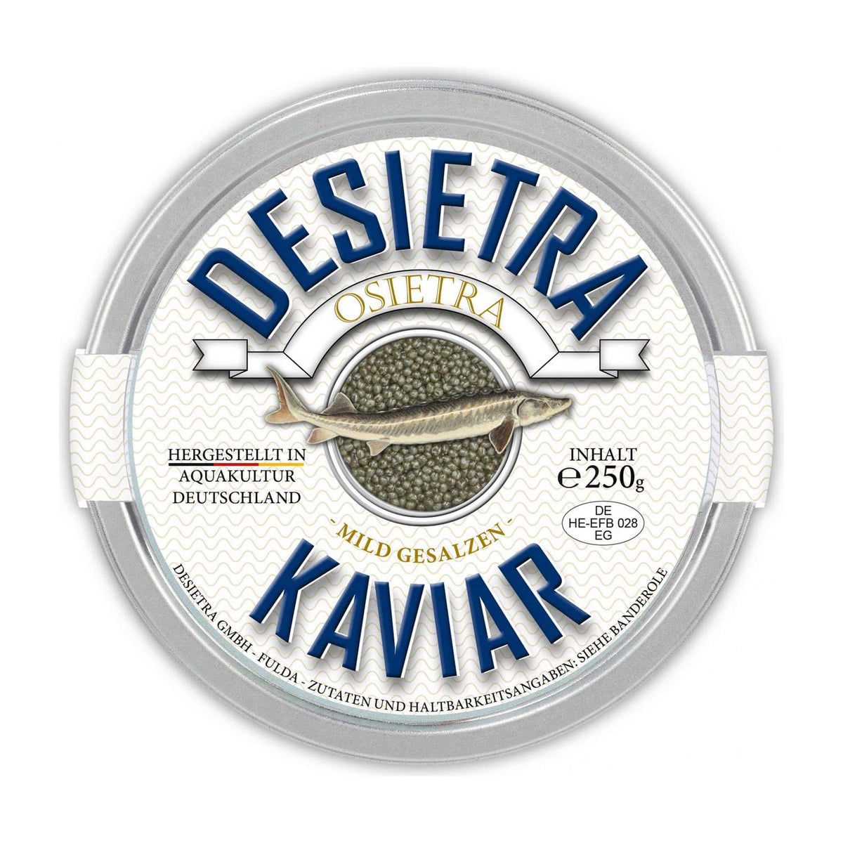 Dose Desietra Osietra Kaviar mit Etikett, Kaviar vom Russischen Stör aus Aquakultur in Deutschland