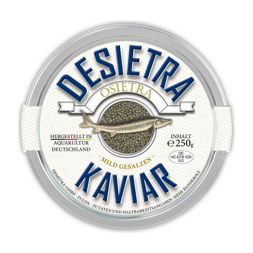 Dose Desietra Osietra Kaviar mit Etikett, Kaviar vom Russischen Stör aus Aquakultur in Deutschland