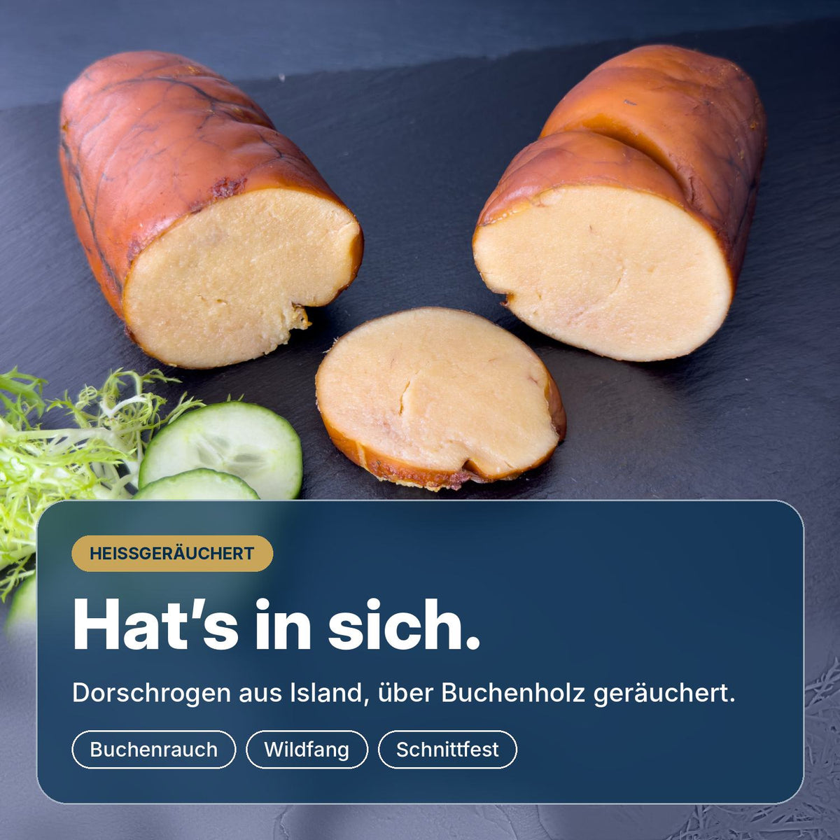 Hat’s in sich: heißgeräucherter Dorsch-Rogen aus Island, über Buchenholz geräuchert in Wuppertal, Wildfang, schnittfest und verzehrfertig.