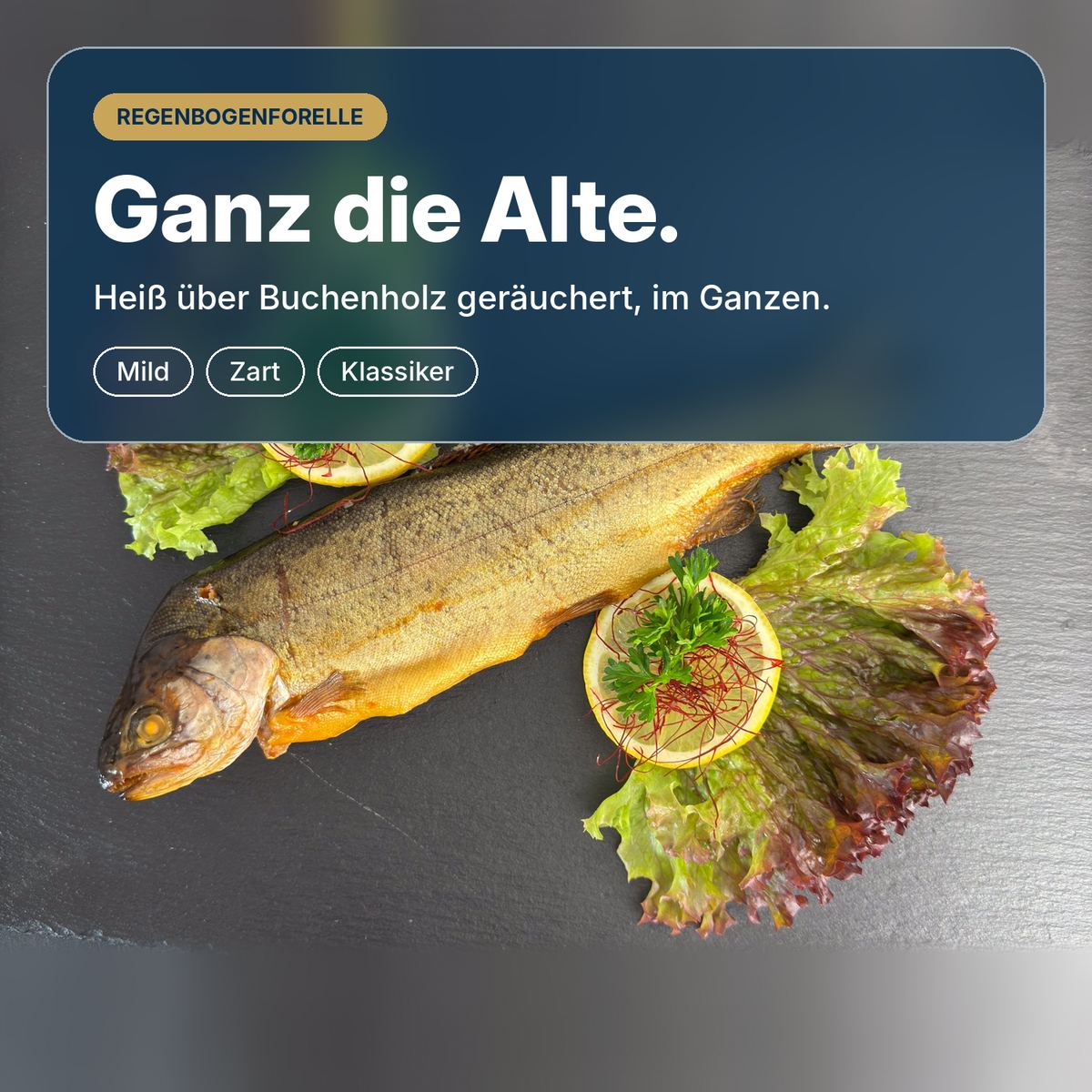   Ganz die Alte: ganze Regenbogenforelle, heiß über Buchenholz geräuchert, mild und zart, auf Schiefer mit Salat und Zitrone.
