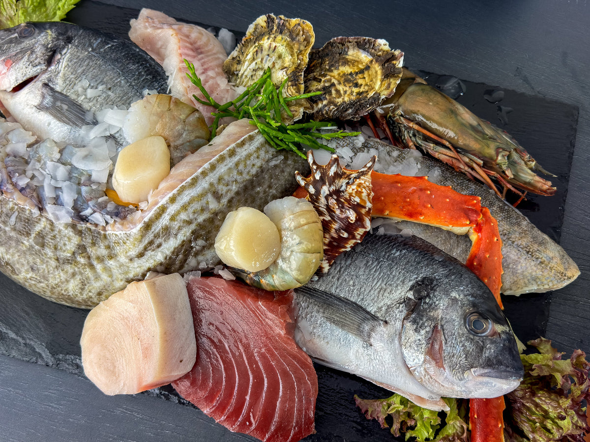Frischer Fisch und Meeresfrüchte auf Eis: Dorade, Kabeljau, Thunfisch, Jakobsmuscheln, Austern, Riesengarnele und Königskrabbe – Fischtheke der Wuppertaler Fischkultur