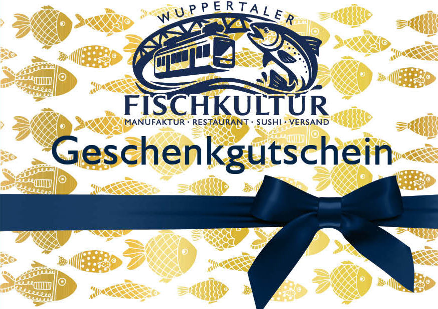 Geschenkgutschein der Wuppertaler Fischkultur mit goldenen Fischen und nachtblauer Schleife