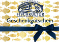 Geschenkgutschein der Wuppertaler Fischkultur mit goldenen Fischen und nachtblauer Schleife