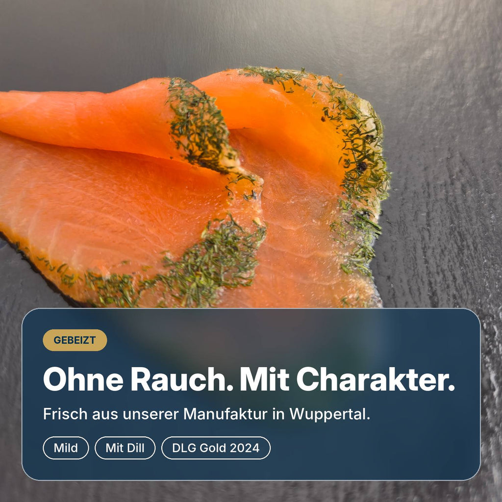 Ohne Rauch, mit Charakter: Graved Lachs aus Wuppertal auf Schiefer, mild mit Salz, Zucker und Dill gebeizt und mit DLG-Gold 2024 ausgezeichnet.