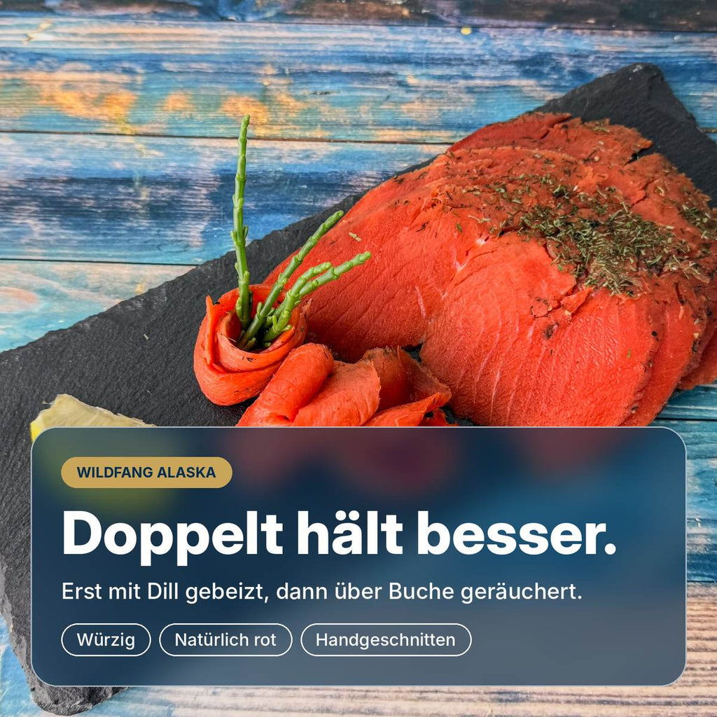 Doppelt hält besser: Graved Sockeye-Lachs aus Alaska, erst mit Dill gebeizt, dann über Buchenholz kaltgeräuchert und in Wuppertal von Hand geschnitten.