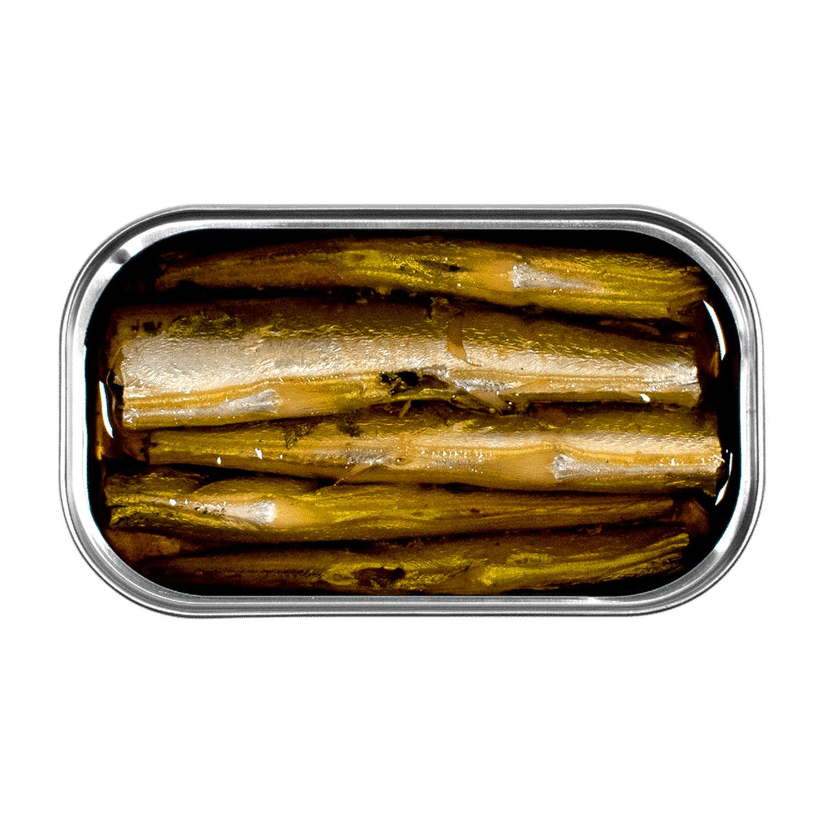 Geöffnete Dose mit Hornhechtstücken in Olivenöl von José Gourmet.