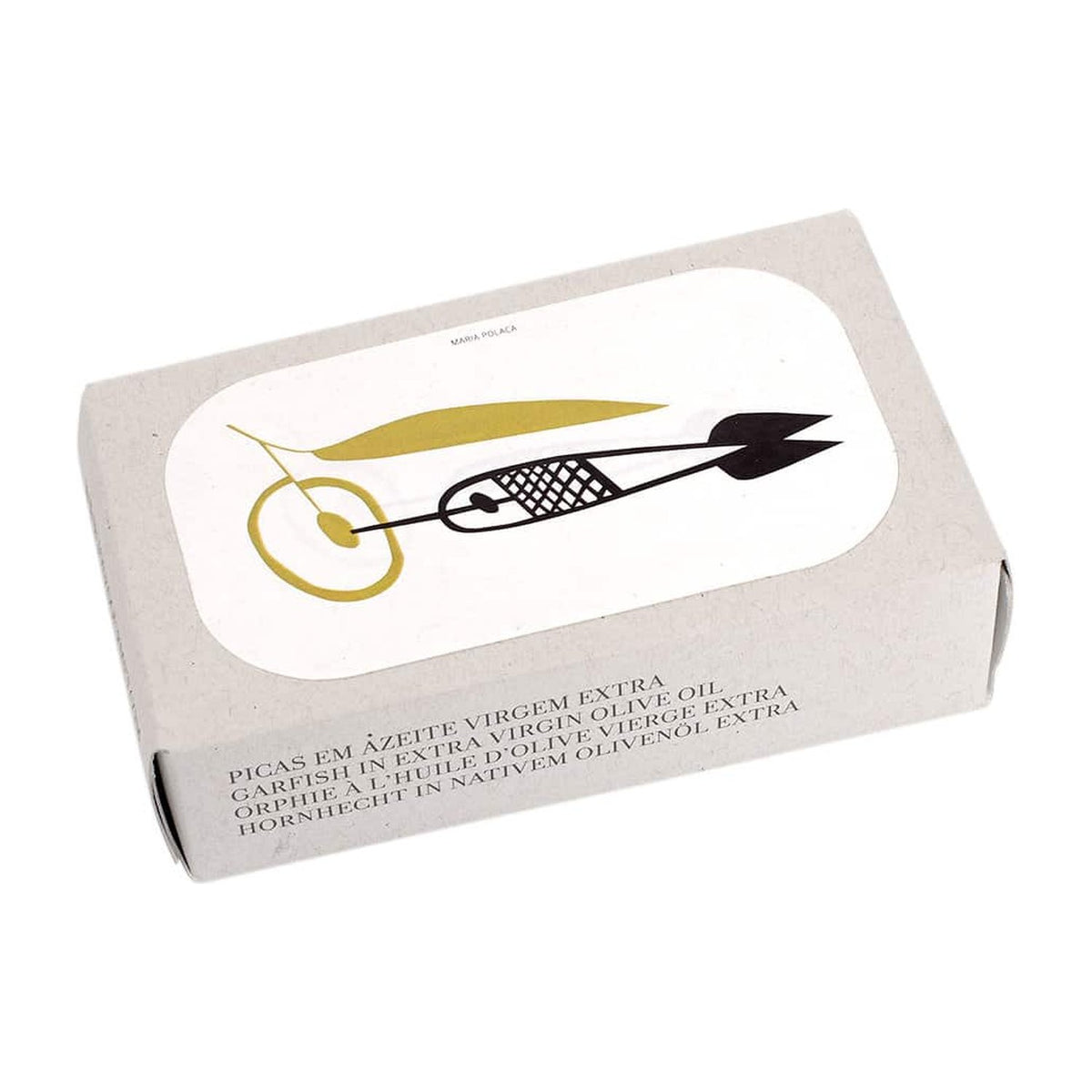 José-Gourmet-Schachtel mit Illustration eines Hornhechts: Hornhecht in nativem Olivenöl.