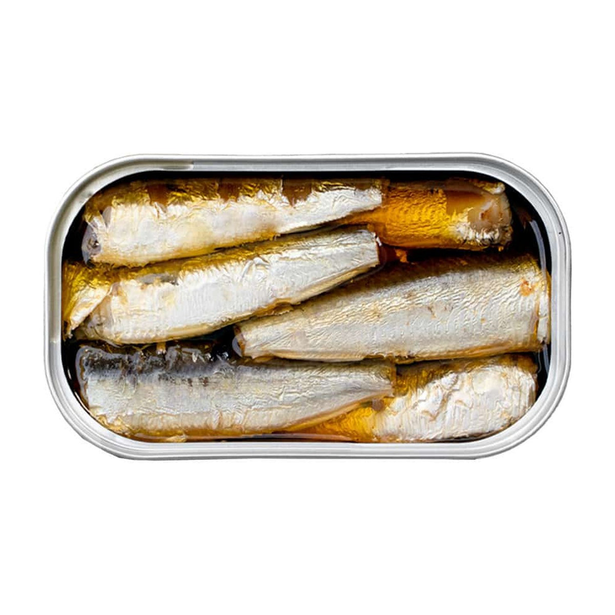 Geöffnete Dose mit kleinen pikanten Sardinen mit Karotte und Gewürzen von José Gourmet.