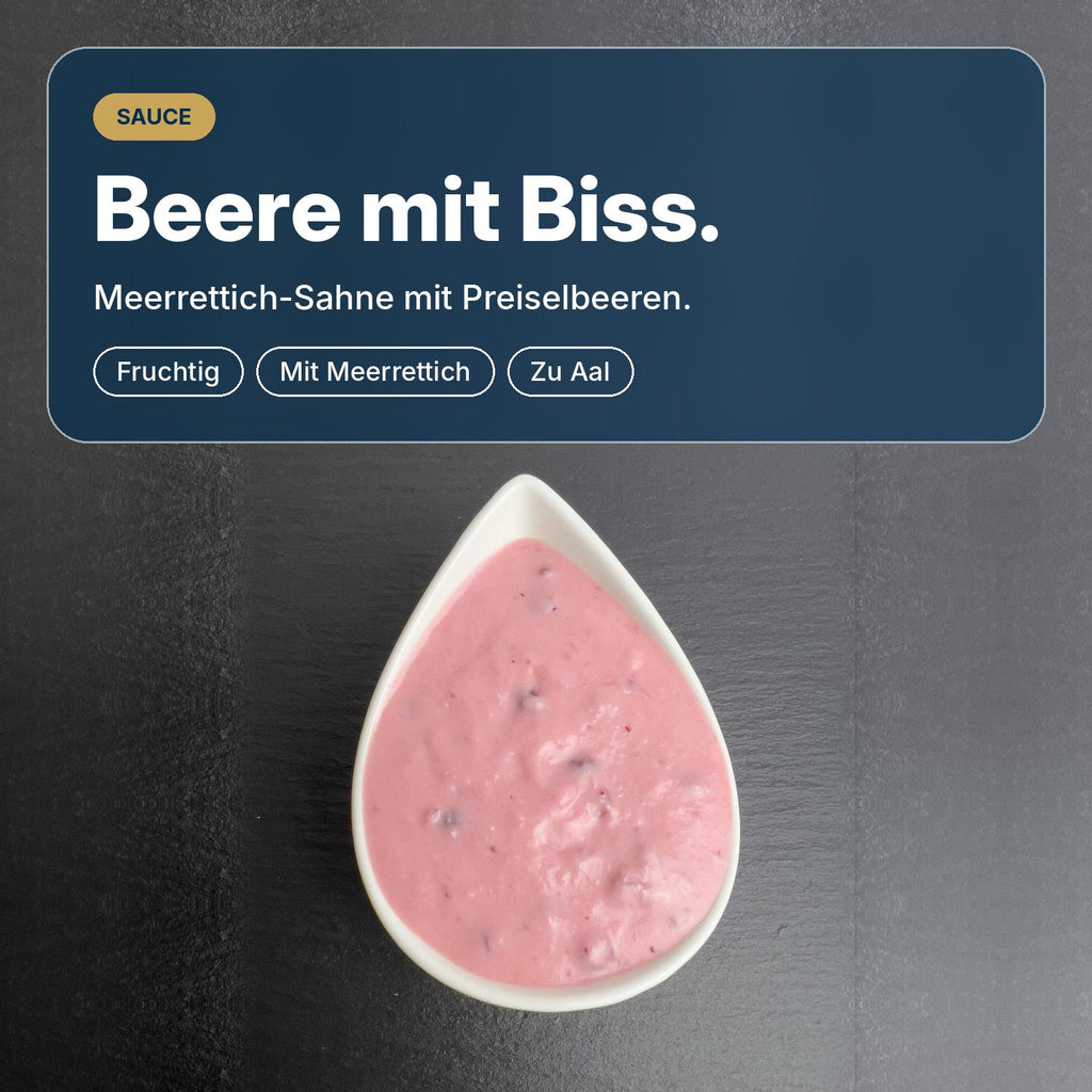 Beere mit Biss: Kronsbeersauce aus Meerrettich-Sahne mit Wildpreiselbeeren, fruchtig und frisch-scharf.
