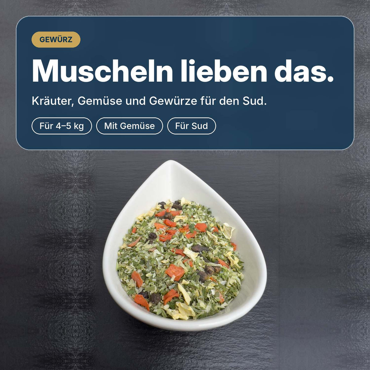Muscheln lieben das: Muschelgewürz aus Kräutern, getrocknetem Gemüse und Gewürzen für den klassischen Muscheltopf.