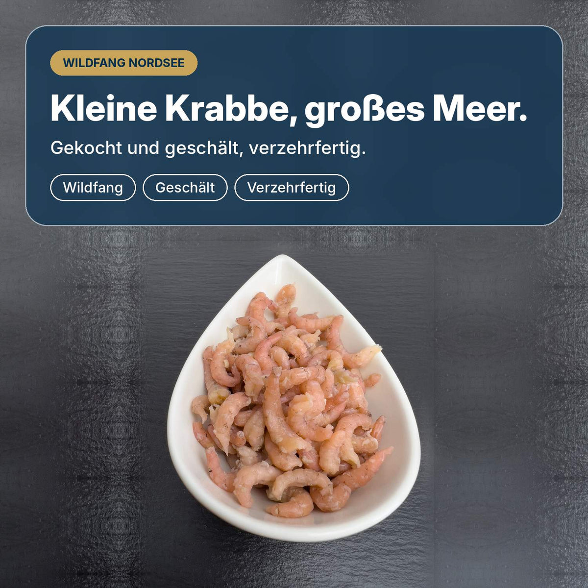 Kleine Krabbe, großes Meer: Nordseekrabbenfleisch, gekocht und geschält, Wildfang aus der Nordsee, verzehrfertig.