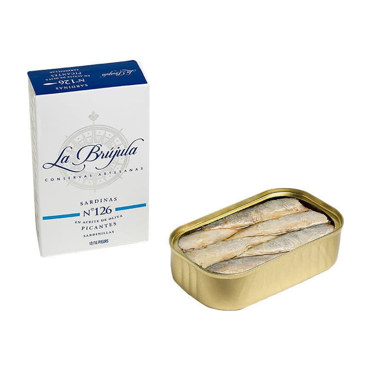 Pikante Sardinen in Olivenöl No.126 von La Brújula: weiße Schachtel und geöffnete Dose mit Sardinen in Olivenöl.