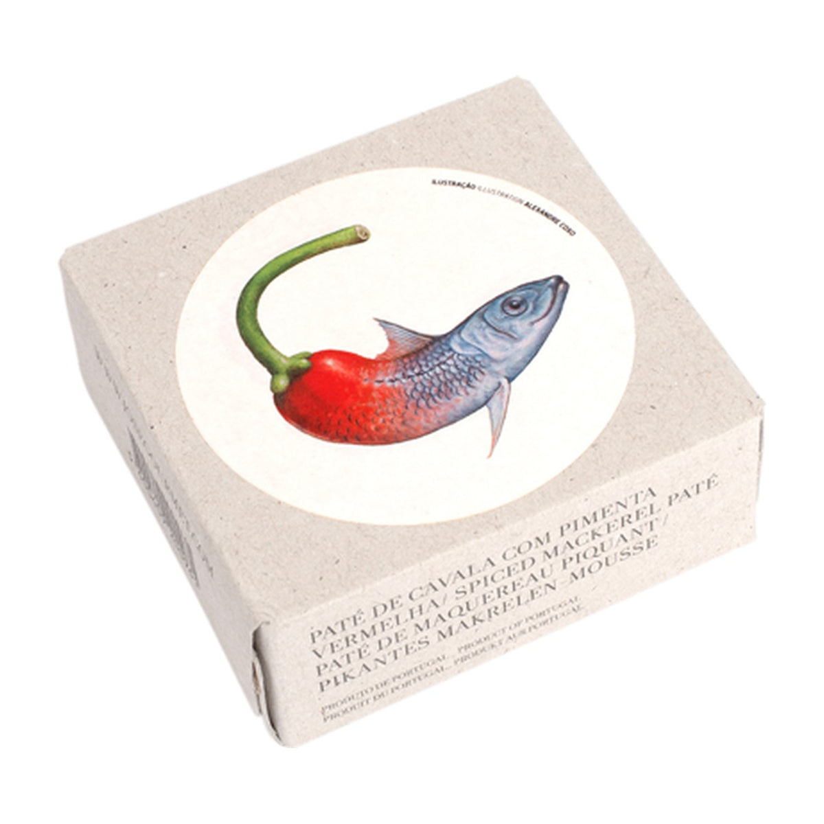 José-Gourmet-Schachtel mit Illustration einer Makrele und Chili: pikantes Makrelen-Mousse.