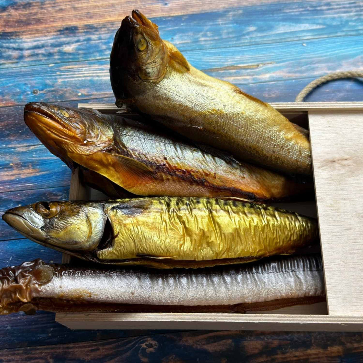 Nahaufnahme Präsent Fisch Ahoi!: heißgeräucherte ganze Fische in der Holzbox
