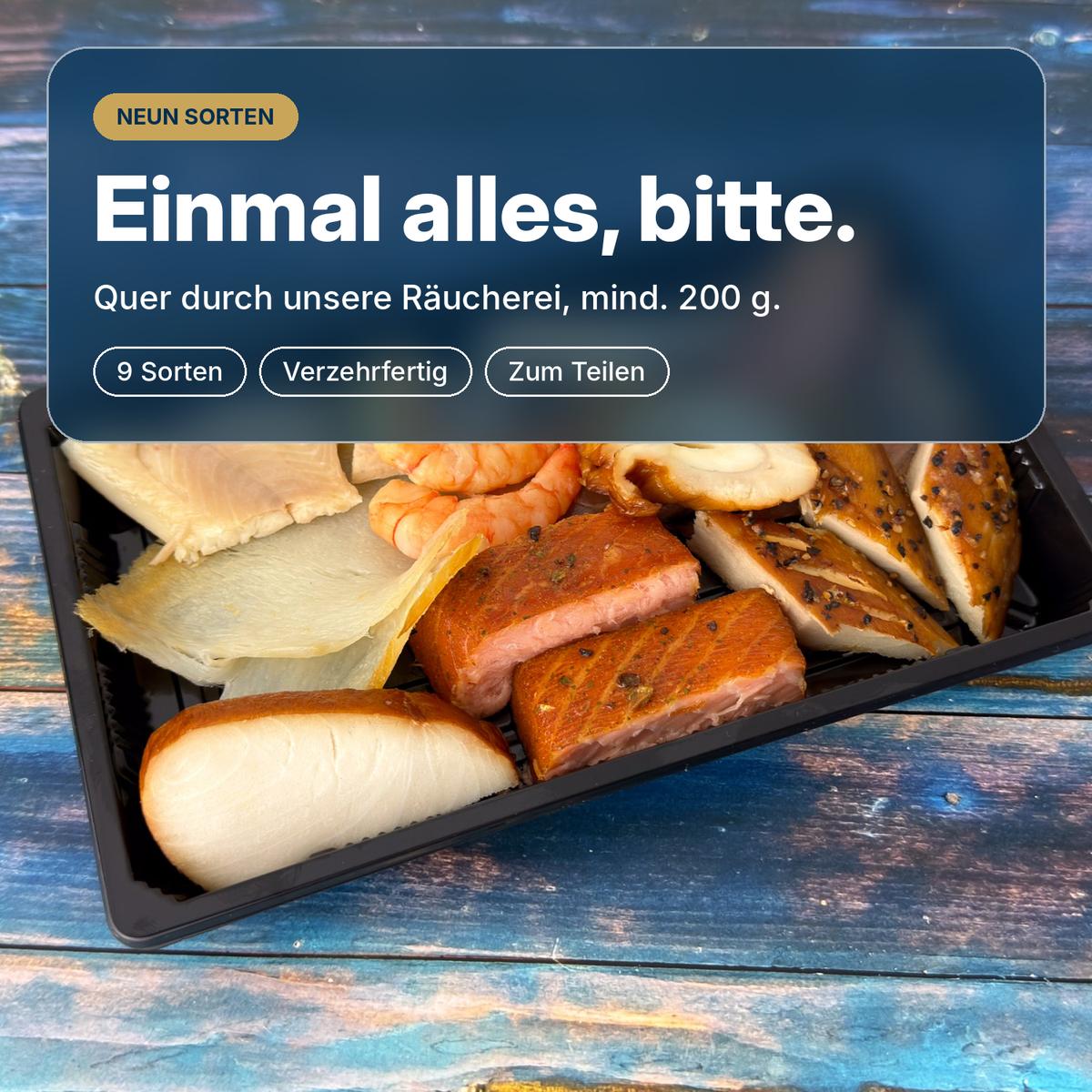 Einmal alles, bitte: Räucherfisch-Variation mit neun Sorten aus unserer Räucherei in Wuppertal, verzehrfertig angerichtet, mindestens 200 g.