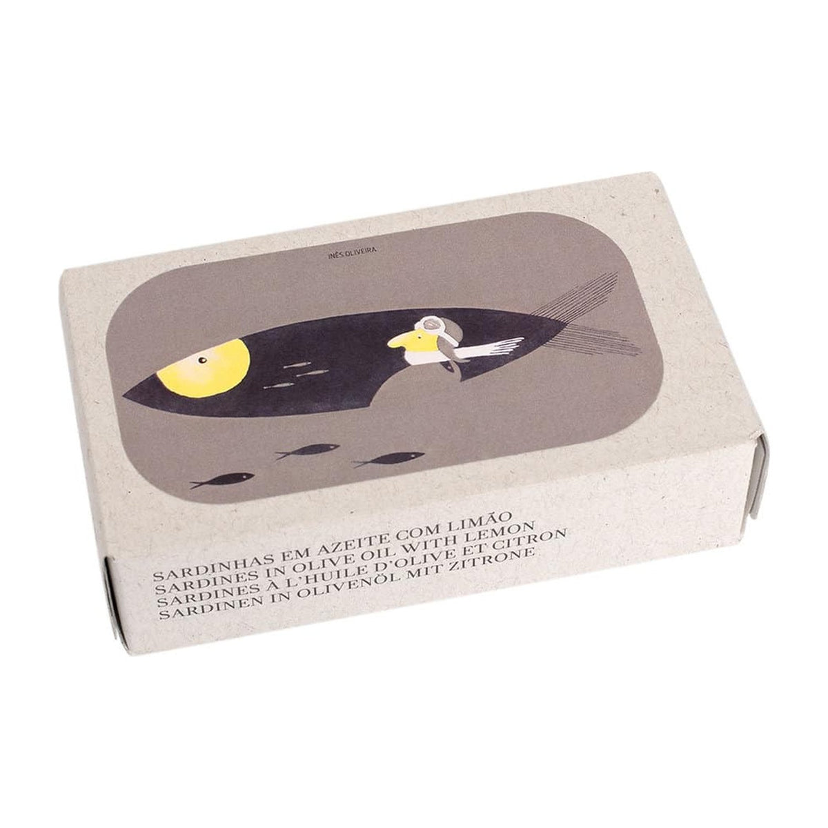 José-Gourmet-Schachtel mit Illustration einer Sardine mit Zitrone: Sardinen in Olivenöl mit Zitrone.