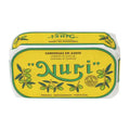 Gelbe Nuri-Dose: Sardinen in Olivenöl aus Portugal, verziert mit Olivenzweigen.