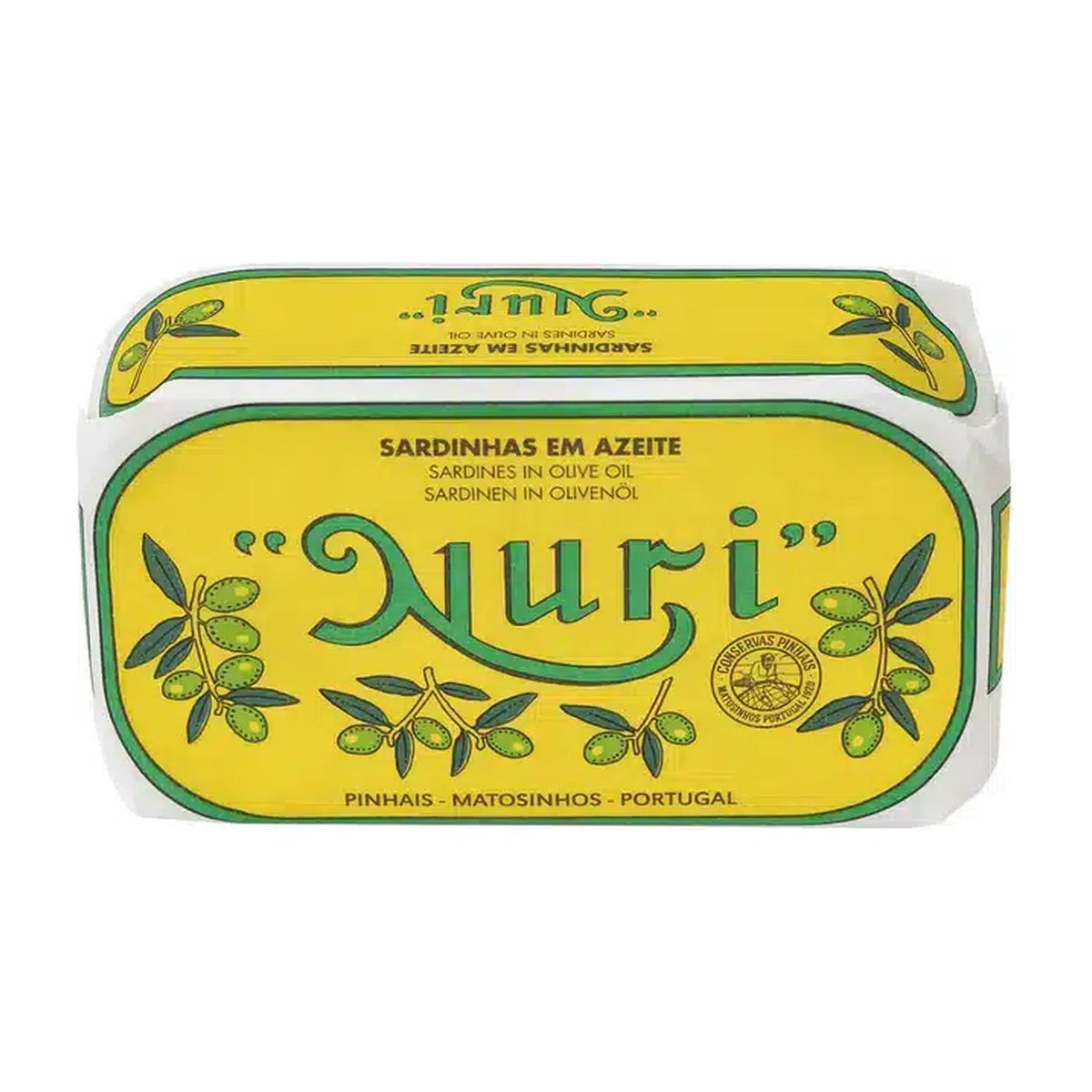 Gelbe Nuri-Dose: Sardinen in Olivenöl aus Portugal, verziert mit Olivenzweigen.