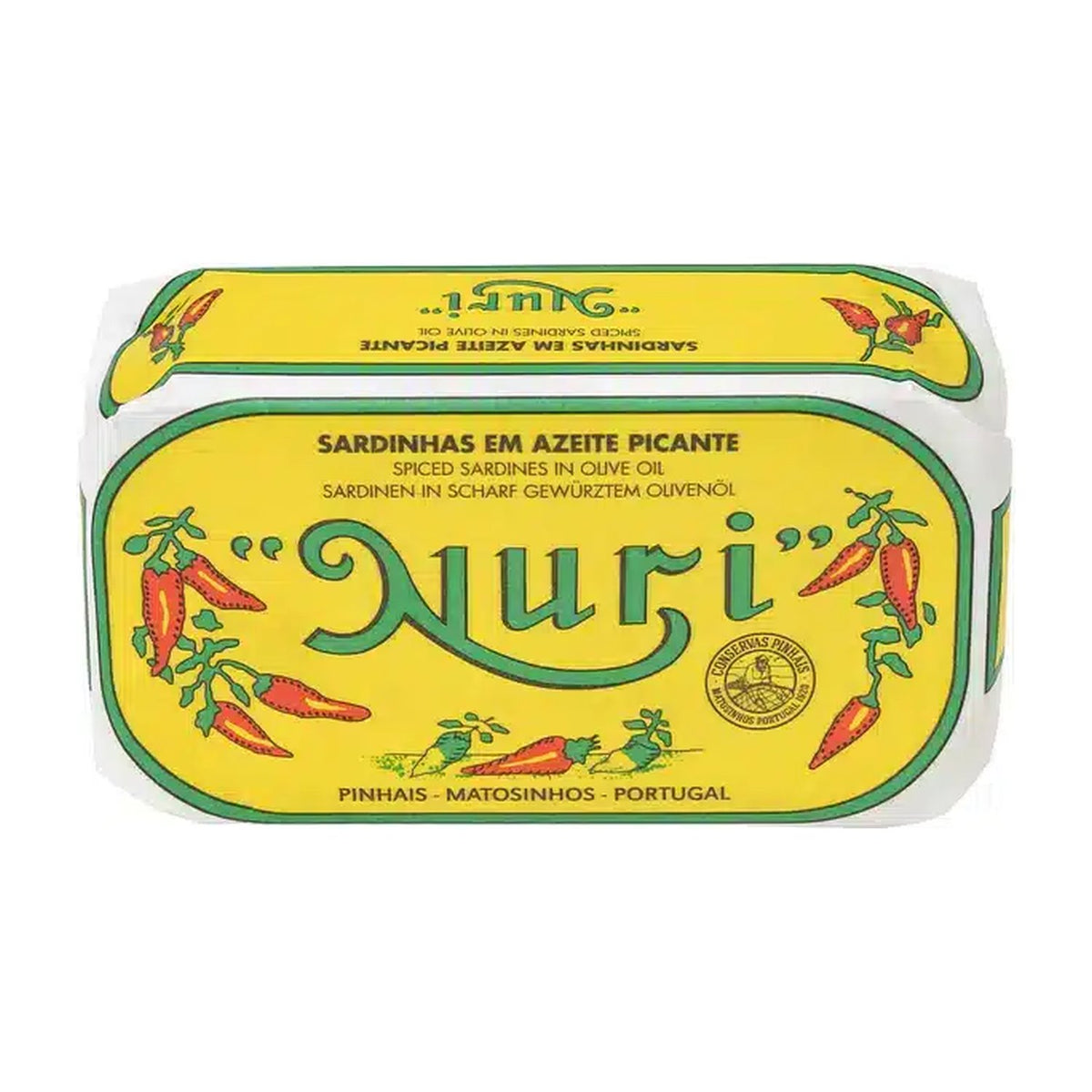 Gelbe Nuri-Dose mit roten Chilischoten: Sardinen in scharf gewürztem Olivenöl aus Portugal.