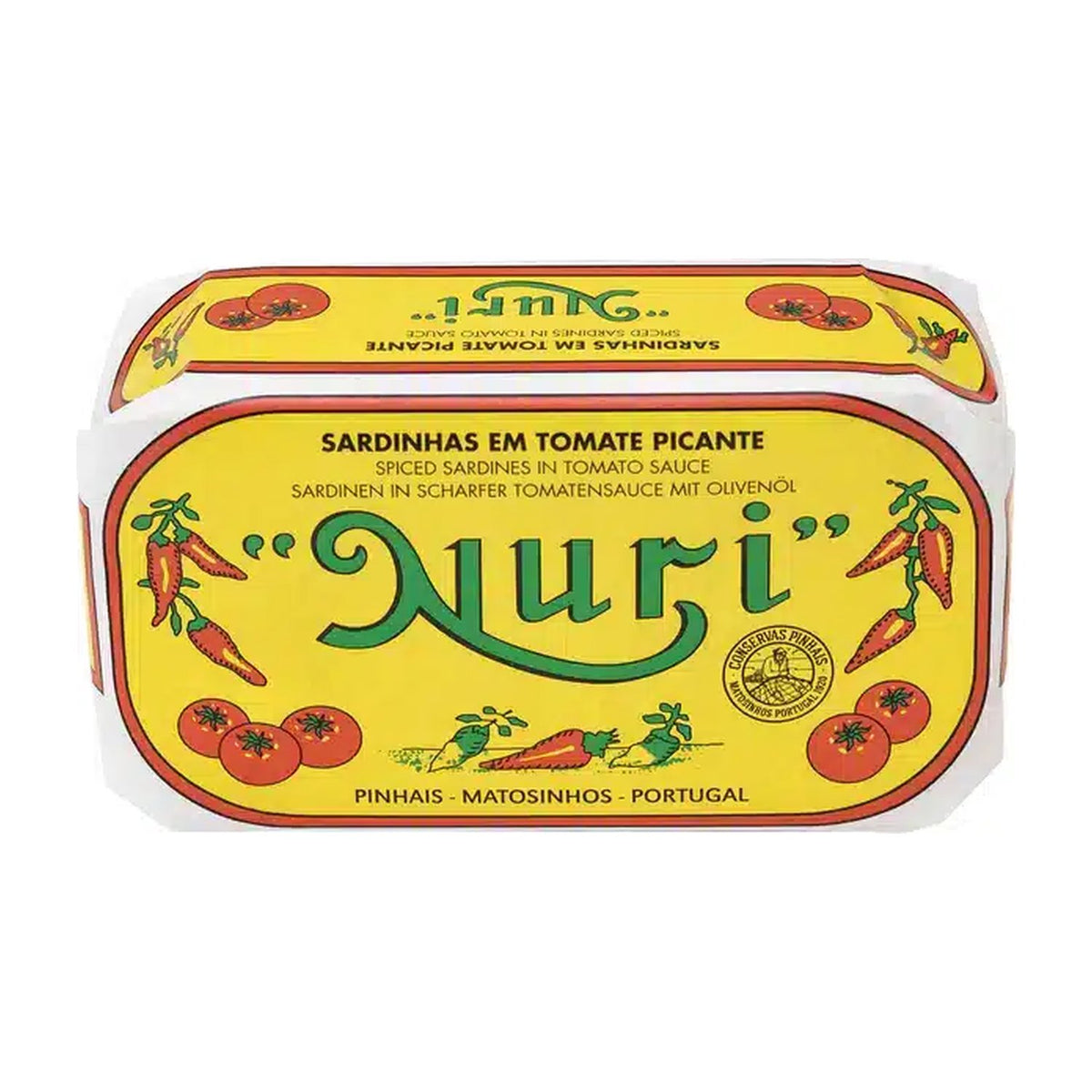 Gelbe Nuri-Dose mit Tomaten und Chilis: Sardinen in scharfer Tomatensauce aus Portugal.