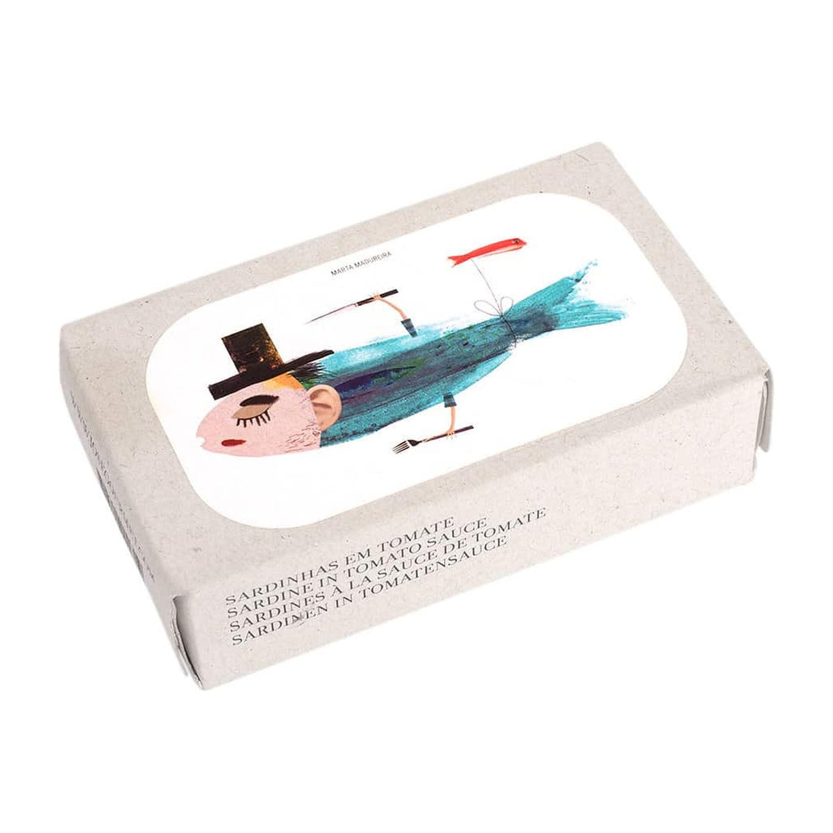 José-Gourmet-Schachtel mit Illustration einer Sardine mit Zylinder: Sardinen in Tomatensauce.