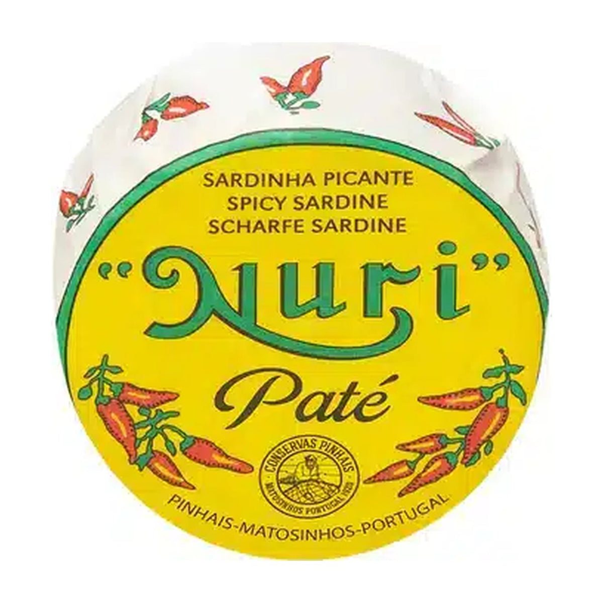 Runde gelbe Nuri-Dose mit roten Chilis: Sardinenpastete in würzigem Olivenöl aus Portugal.