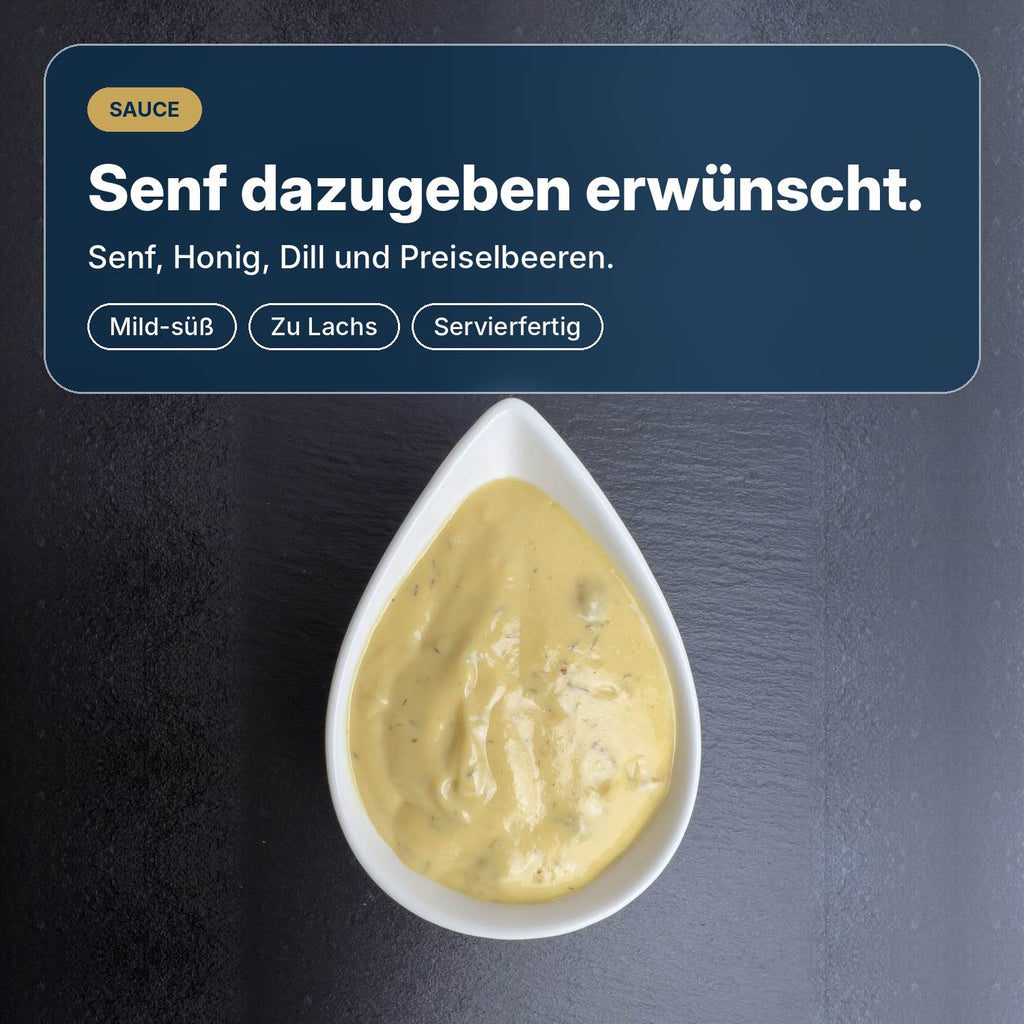 Senf dazugeben erwünscht: Senf-Dill-Sauce mit Honig und Preiselbeeren, mild-süß, perfekt zu Graved Lachs.