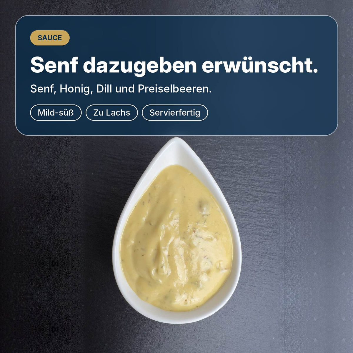 Senf dazugeben erwünscht: Senf-Dill-Sauce mit Honig und Preiselbeeren, mild-süß, perfekt zu Graved Lachs.