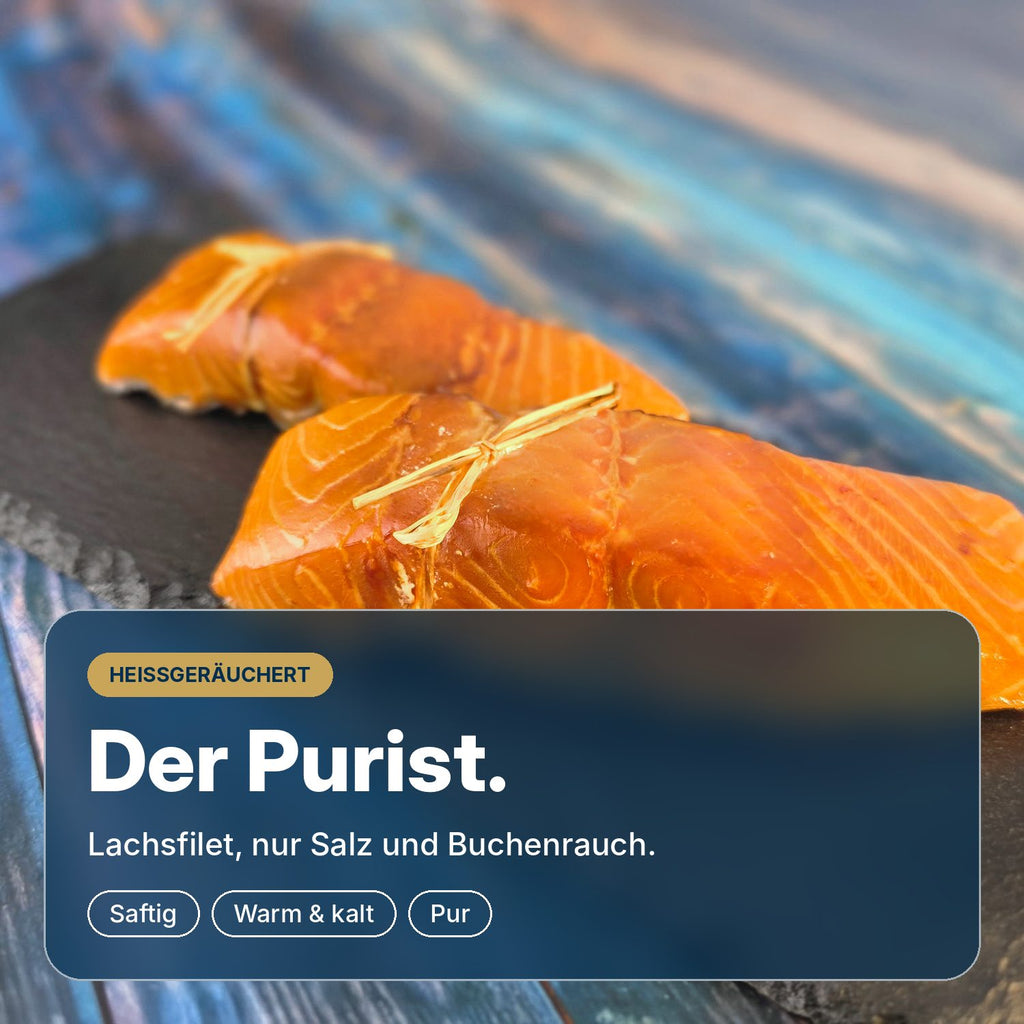 Striemen-Lachs: Lachsfilet, von Hand gebunden und heiß über Buchenholz geräuchert. Nur Lachs, Salz und Rauch. Saftig, warm oder kalt. Gekühlt geliefert.