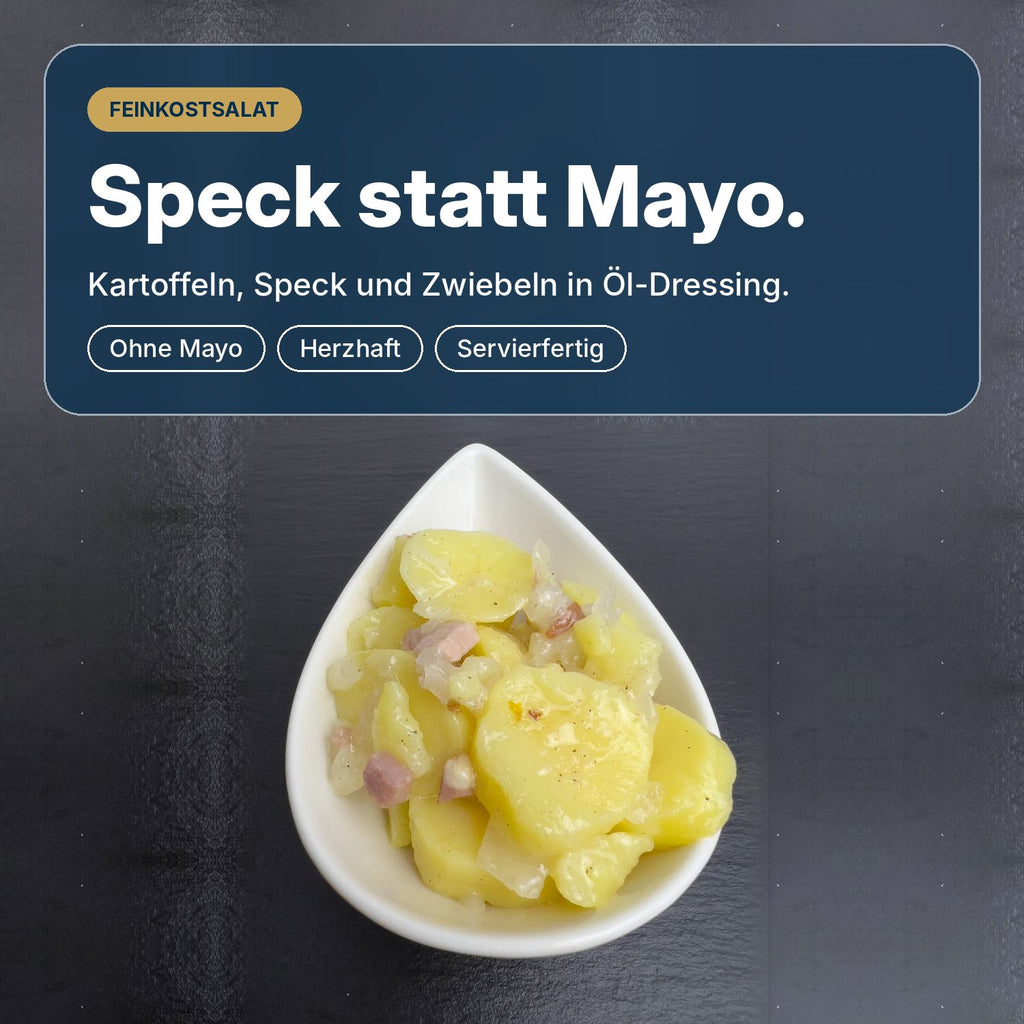 Speck statt Mayo: Tiroler Kartoffelsalat mit Speck und Zwiebeln in Öl-Dressing, herzhaft und servierfertig.