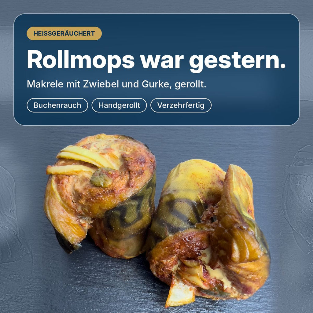   Rollmops war gestern: Zwiebel-Möpschen aus Makrele mit Zwiebel und Gurke, von Hand gerollt und über Buchenholz heißgeräuchert in Wuppertal.
